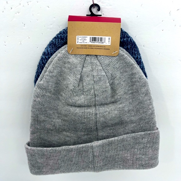 LEVI’S, BEANIE SET,2 WARM BEANIES,NAVY BLUE W/PATTERN & GREY,100%ACRYLIC, UNUSEX - Picture 2 of 16